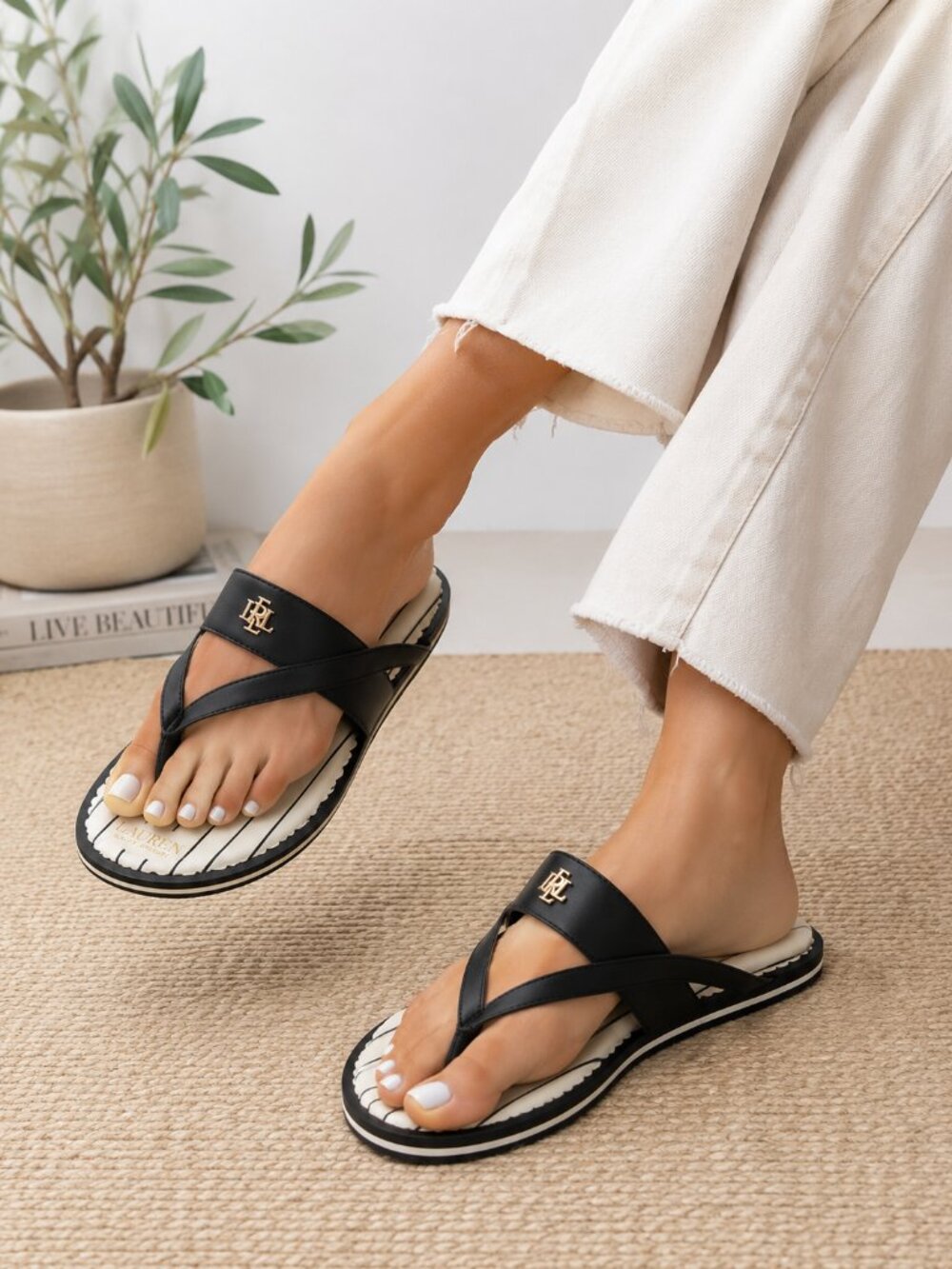 Lauren Ralph Lauren Rosalind Black Cream Striped Thong Sandals Womens 11 LRL Log
